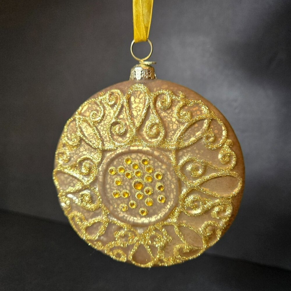 Frontgate Gold Glitter Medallion Glass Ornament Hand Decorated 5 Inch Holiday